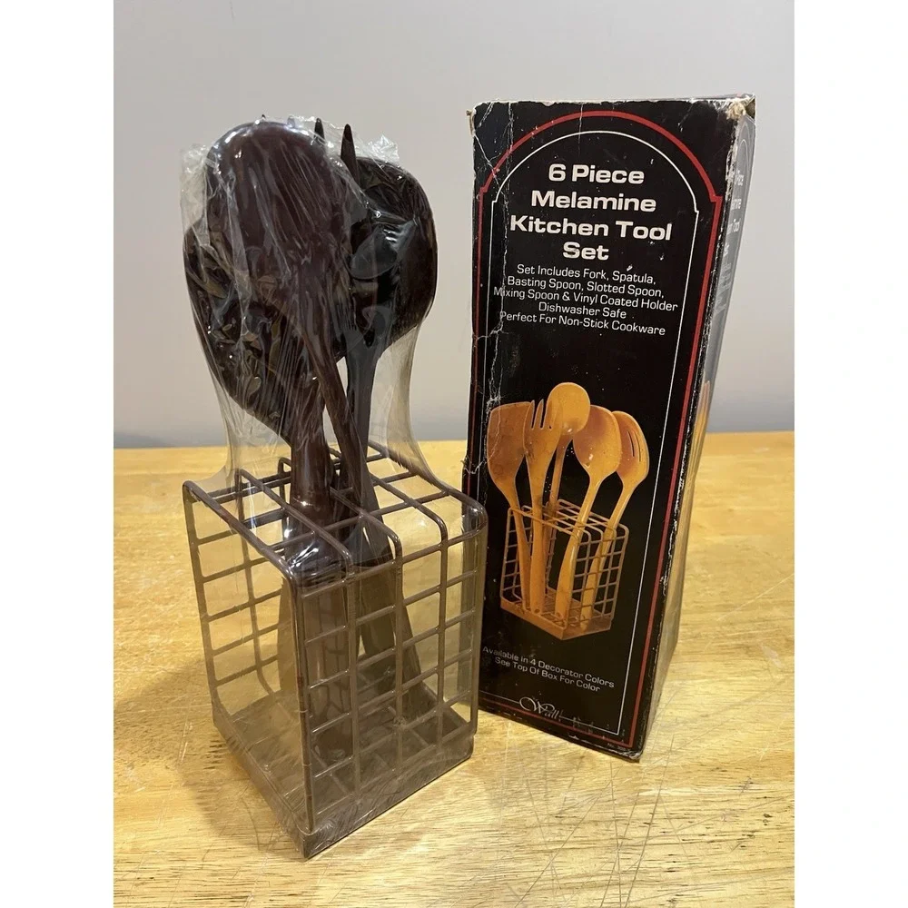 Vtg Brown Melamine Kitchen Utensils Rosti Set of 6 With Metal Rack NOS